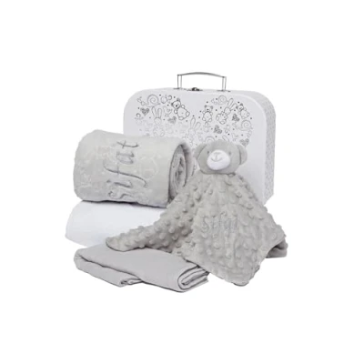 Image of Baby Box Shop Personalised Gift Hamper Unisex Newborn Set in White Keepsake Case with Blanket, Hooded Towel, Milestone Card &amp; Bear Comforter Shower Gifts for Boys or Girls (Grey)
