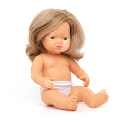 Image of Miniland: Caucasian dark blonde baby doll with vitiligo, 38cm, handmade in Spain soft vinyl Dolls.