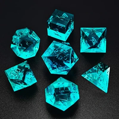 Image of Bescon Crystal Clear (Unpainted) Sharp Edge DND Dice Set of 7, Razor Edged Polyhedral D&amp;D for Dungeons and Dragons Role Playing Games, Aquamarine Color