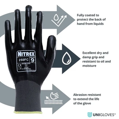 Image of Nitrex 250FC Work Gloves General Handling Safety Resistant to Abrasions, Cuts, Tears, and Punctures Full Nitrile Coating for Mechanical Industrial Protection 10 Pairs Size