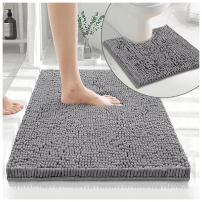 Image of GC GAVENO CAVAILIA 2 Piece Non Slip Rubber Backed Mats Super Absorbent Antibacterial Toilet Carpet Mat Quick Dry Microfiber Chenille Rug Washable Bath Silver