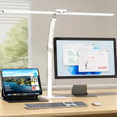 Image of KableRika Desk Lamp for Office, 24W Double Head LED with Base, Task Table Study Work, Dimmable Architect Light, Modern Monitor Light Bar Workbench Lighting White