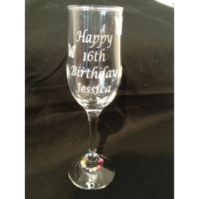 Image of Chichi Gifts Personalised Happy 16th Birthday (add name) Champagne Glass Flute with Butterflies