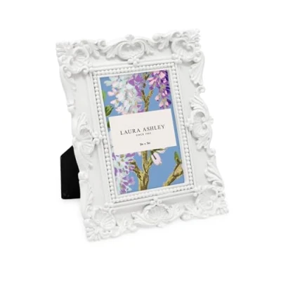 Image of Laura Ashley 2x3 White Ornate Textured Hand Crafted Resin Picture Frame with Easel, for Tabletop &amp; Wall Display, Decorative Floral Design Home Décor, Photo Gallery, Art More (2x3, White)