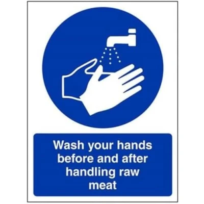 Image of V Safety Wash Your Hands Before And After Handling Raw Meat Sign 150mm x 200mm 1mm Rigid Plastic