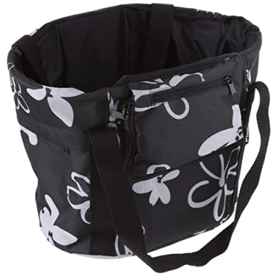 Image of Fischer Bicycle basket with quick attachment on the handlebar, load capacity 5 kg, integrated rain cover, black flowers
