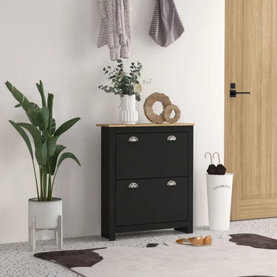 Image of HOMCOM 2 Drawer Shoe Cabinet Modern Narrow Cupboard Hallway Wooden Storage Organiser with Flip Doors Adjustable Shelf for 12 Pairs, Black
