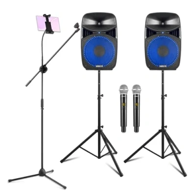 Image of VONYX VPS102A Home Karaoke System with PA Speakers, Wireless Microphones and Tablet Stand