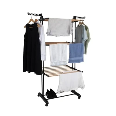 Image of Hyfive Clothes Airer Drying Rack Extra Large 4 Tier Horse Rail Stainless Steel Garment Laundry Dryer Racks Wood Effect
