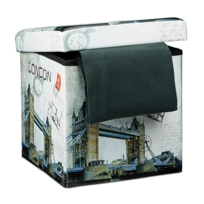Image of Relaxdays &quot;London Cube Folding Seat Box Ottoman with Trendy Motifs and Removable Lid, Faux Leather, Multi Colour, 38 cm