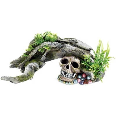 Image of CLASSIC Wood &amp; Skull with Plants Aquarium Ornament 300mm
