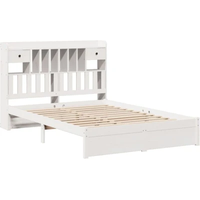 Image of vidaXL Bookcase Bed Frame White Pine Wood 140x200 cm Headboard Storage, Slatted Base, Space Saving Design, Bedroom Furniture