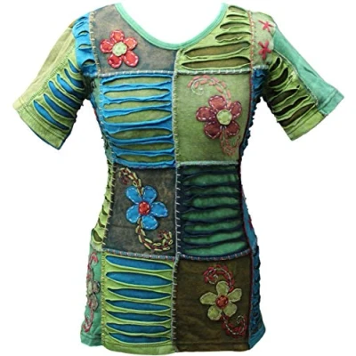 Image of SHOPOHOLIC FASHION Women Blue Flower Embroidered Short Sleeves Hippy T Shirt/Top (S)