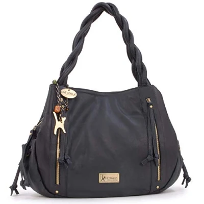 Image of Catwalk Collection Handbags Women&#039;s Large Leather Hobo Shoulder Bag Tote With Zip Handbag Multiple Compartments CAZ Black