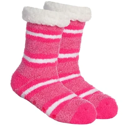 Image of Metzuyan WS AW23 Ladies 1 Pair Striped Lounge Socks with Sherpa Fleece Thermal Bed Non Slip Grippers 4 8 Pink
