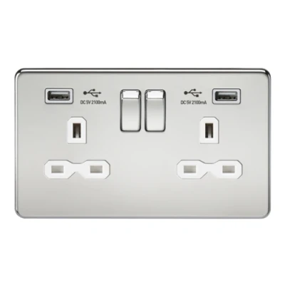 Image of KnightsBridge 13A 2G Screwless Polished Chrome Switched Socket with Dual 5V USB Charger Ports White Insert