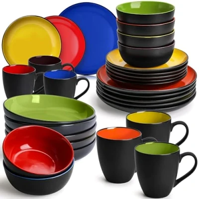 Image of MIAMIO 30 Piece, Service for 6 Dishware Set/Stoneware Dinnerware Set Including Plates, Bowls and Mugs Microwave &amp; Dishwasher Safe Le Papillon Collection (Mixed)