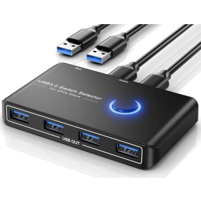 Image of USB 3.0 Switch, 4 Port Switcher for 2 Computer, 5Gbps High Speed Peripheral Switch Selector Sharing Mouse Keyboard Printer, Compatible with Windows Linux Mac, Pack Cables A to