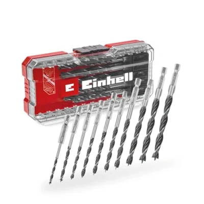 Image of Original Einhell S Case 10 Piece Wood Drill bit Set (Double Spiral, Made of Roll Rolled C45 tool Steel, E 6.3 Shank, 3 Point Ground Joint, Centring Tip incl. Storage Box)