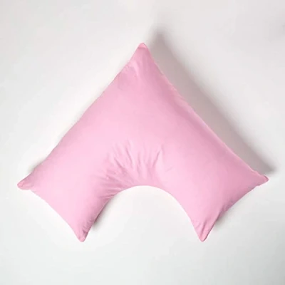 Image of HOMESCAPES Pink Pure Egyptian Cotton V Shape Pillowcase 200 TC 400 Thread Count Percale Equivalent Pillow Case For Nursing Pregnancy and Elderly