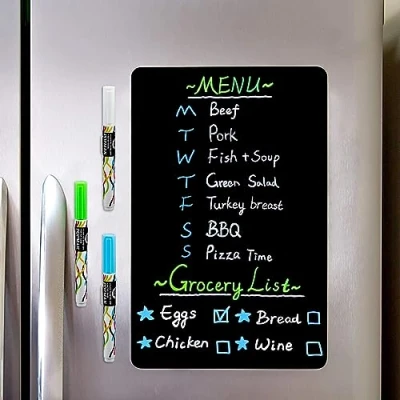 Image of CUHIOY Magnetic Dry Erase Black Board Sheet for Fridge 30x20cm Chalkboard Refrigerator with Stain Free Easy Clean Surface 3 Chalk Markers &amp; Eraser Kitchen Grocery List Magnet