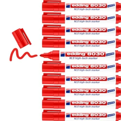 Image of edding 8030 NLS high tech marker red 10 pens bullet nib 1.5 3 mm rustproof for low corrosion marking use on steel, metal, iron, aluminium