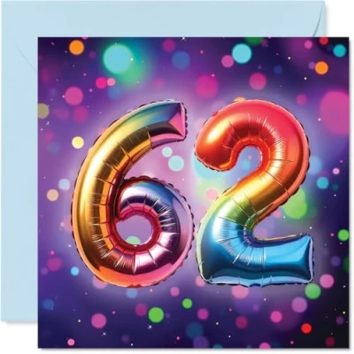 Image of 62nd Birthday Cards for Men Women Rainbow Foil Balloon Happy Card 62 Year Old Man Woman Grandma Grandad Nan Sister, 145mm Bday Greeting