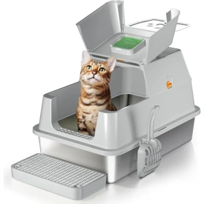 Image of Stainless Steel Cat Litter Tray with Lip, 180 Flip Top Large Enclosed Box, Metal Box for Medium Cats, Easy Clean, Odor Control Grey