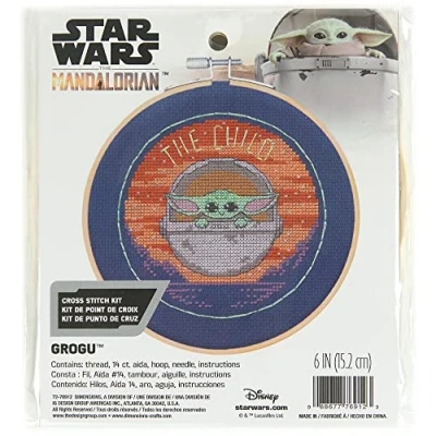 Image of Dimensions 72 76912 Star Wars The Mandalorian Grogu Counted Cross Stitch Kit, 6&quot; D, 14 Cnt. Navy Aida, 5pcs