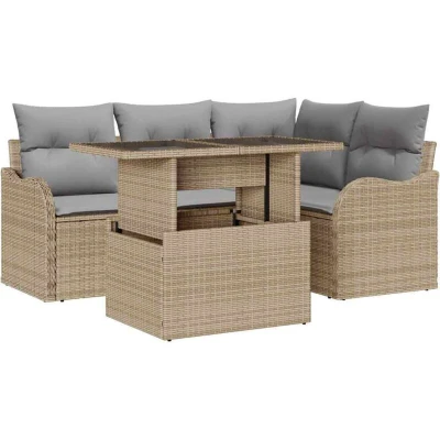 Image of vidaXL 5 Piece Garden Sofa Set with Cushions Beige Poly Rattan
