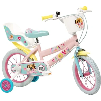 Image of Toimsa Barbie Love 14 inch Bicycle, Kids Bike learn to ride, with training wheel stabilisers and mudguard, for children/youth age 4 6 Years, Pink Yellow