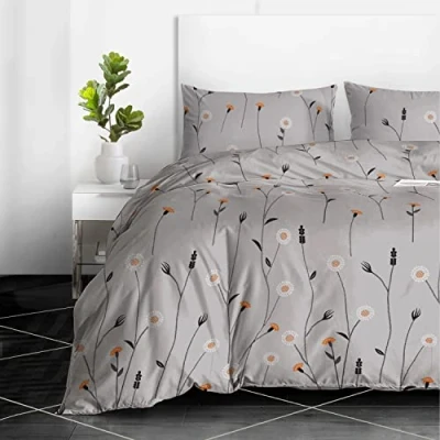 Image of RAYBedding 2PCS Single Duvet Set 100% Egyptian Cotton Bedding Bed 400 Thread Count Floral Printed Poppy Grey Cover with Pillow Case