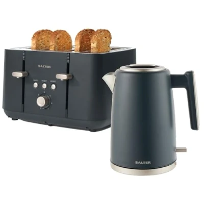 Image of Salter COMBO 8823 Marino Kettle and Toaster Set 1.7L Capacity Fast Boil Kettle, 4 Slice Anti Jamming Electric Toaster, Removable Crumb Tray, 360 Swivel Base, Limescale Filter, Blue Grey, 3kW/1850W