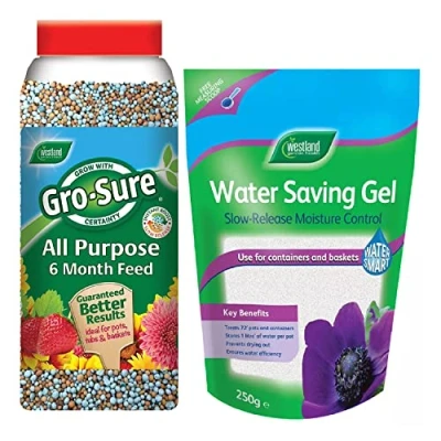 Image of Outdoor Plants Food Fertiliser Bundle Water Saving Gel 250g &amp; Gro Sure All Purpose 6 month Plant Granules 1.1kg with Topline Card for Slow Release Garden Compost Moisture Feeding Control.