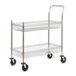 Image of Wire Trolley; 2 Shelves Fixed/Swivel Castors Chrome Plated Silver