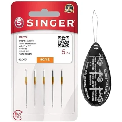 Image of Singer Stretch Ball Point 2045 Sewing Machine Needles, Packet of 5, Size 80/12, Includes Large Needle Threader
