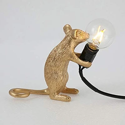 Image of Retro Rat Table Lamp Mouse Desk Light Bedside Resin Mice Warm Room Decor E12 Base (Gold Sitting)