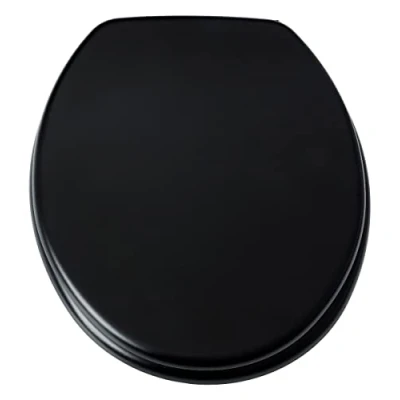 Image of Blue Canyon Wooden Toilet Seat with Non Slip Bumpers &amp; Heavy Duty Stainless Steel Hinges Ensures No Rust Round Comfortable Bathroom High Gloss Finish (Black)