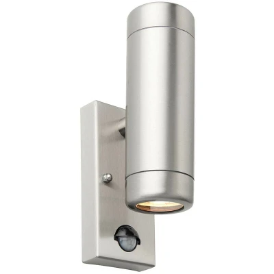 Image of Odyssey PIR Motion Sensor Up Down Wall Lamp Brushed Stainless Steel &amp; Clear Glass IP44