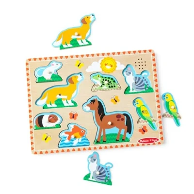 Image of Melissa &amp; Doug Pets Sound Puzzle, Kids Wooden Puzzles for 2 year olds, Baby Puzzles, Peg Toddler Shape Jigsaws Children Age 3 5