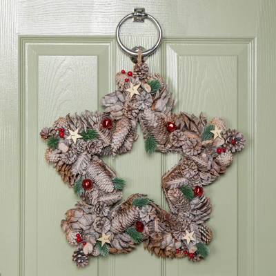 Image of 45cm Frosted Hanging Christmas Star Wreath with Red Jingle Bells &amp; Wooden Stars