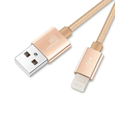 Image of ameego 3.3ft Strong Nylon Braided Lightning to USB iPhone Cable with Compact Connector for iPad air 2/iPad Mini/iPhone X/8/8 Plus/7/7 Plus/6/6 Plus/6S/6S Plus/5/5S/SE and More (Gold)