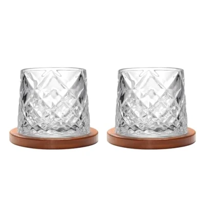 Image of Rotatable Old Fashioned Glass Cup, 275ml/10oz Crystal Whiskey Set of 2, Wood Coaster, Thickening, Used as Rum Glass, Cocktail Coffee Milk Cup to Relax and Reduce Stress