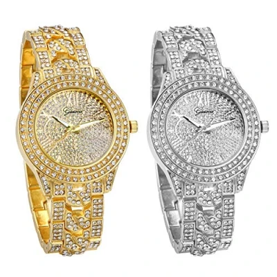 Image of JewelryWe Men Women Watches Gold Tone Alloy Quartz Watch Stylish Rhinestone Business Casual Dress Wristwatches for Fathers Day