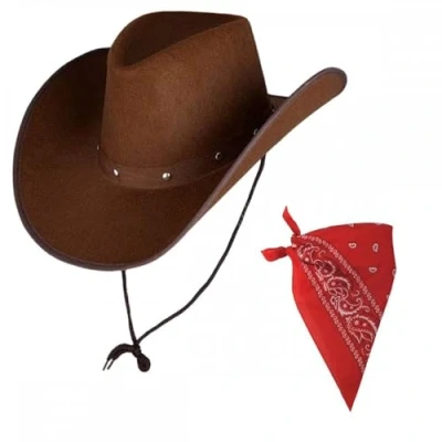 Image of Adult Texan Cowboy Hat Dark Brown &amp; Red Bandana/Neckerchief Fancy Dress Party Accessory Wild Western Sheriff Country Rancher
