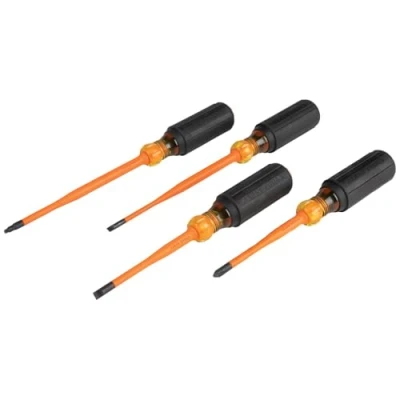 Image of Klein Tools 33734INS 1000V Slim Tip Insulated Screwdriver Set, Phillips, Cabinet, Square Tip, Cushion Grip Handle, 4 Piece
