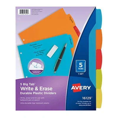 Image of Avery Big Tab Write &amp; Erase Durable Plastic Dividers for 3 Ring Binders, 5 Set, Bright Multicolor, 1 Set (16129)