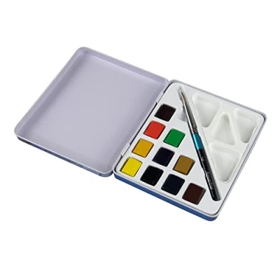 Image of Daler Rowney Aquafine Watercolour Half Pan Paint Travel Set, 10 Assorted Colours + 1 Brush, Ideal for Professional &amp; Beginner Artists Students