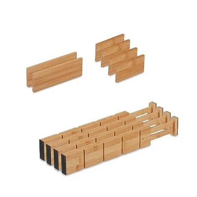 Image of Relaxdays Drawer Divider, 10 Piece Set, Bamboo, Adjustable Length from 34 to 44 cm, Wardrobe/Closet Storage, Natural, 6 x 2 cm
