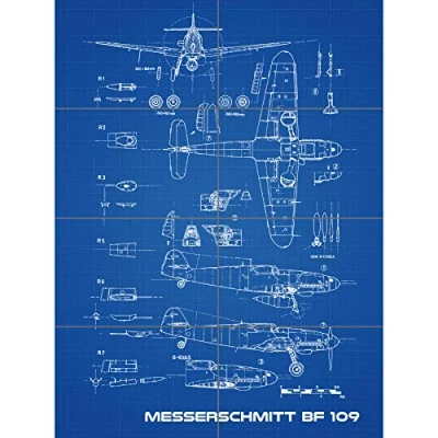 Image of Artery8 Messerschmitt Bf 109 Fighter Plane 2 Blueprint Plan XL Giant Panel Poster (8 Sections)
